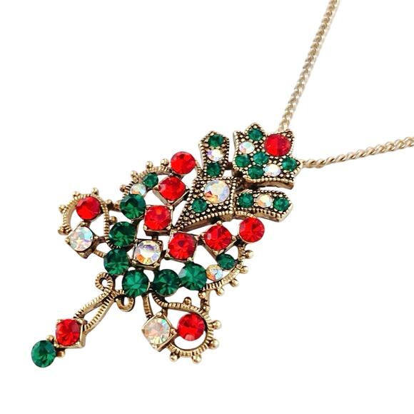 Vintage Gold Tone Christmas Tree Necklace Mid Century Rhinestone AB Sparkling - Picture 1 of 12